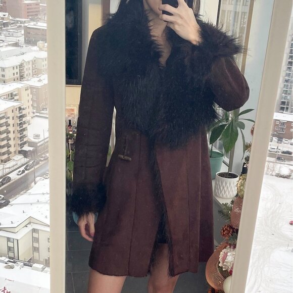 Faux fur Jacket, Y2k Fluffy Brown Faux Fur Trim Jacket, Mocha Short Afghan Coat - Picture 3 of 10